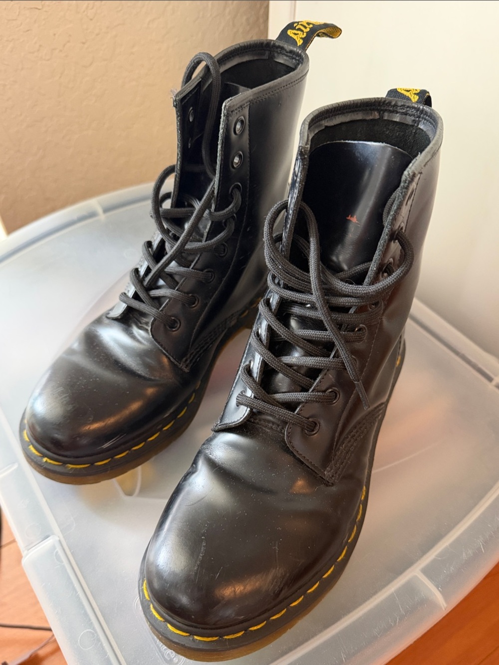 Dr. Martens Black Leather Lace-Up Boots with Yellow Stitching